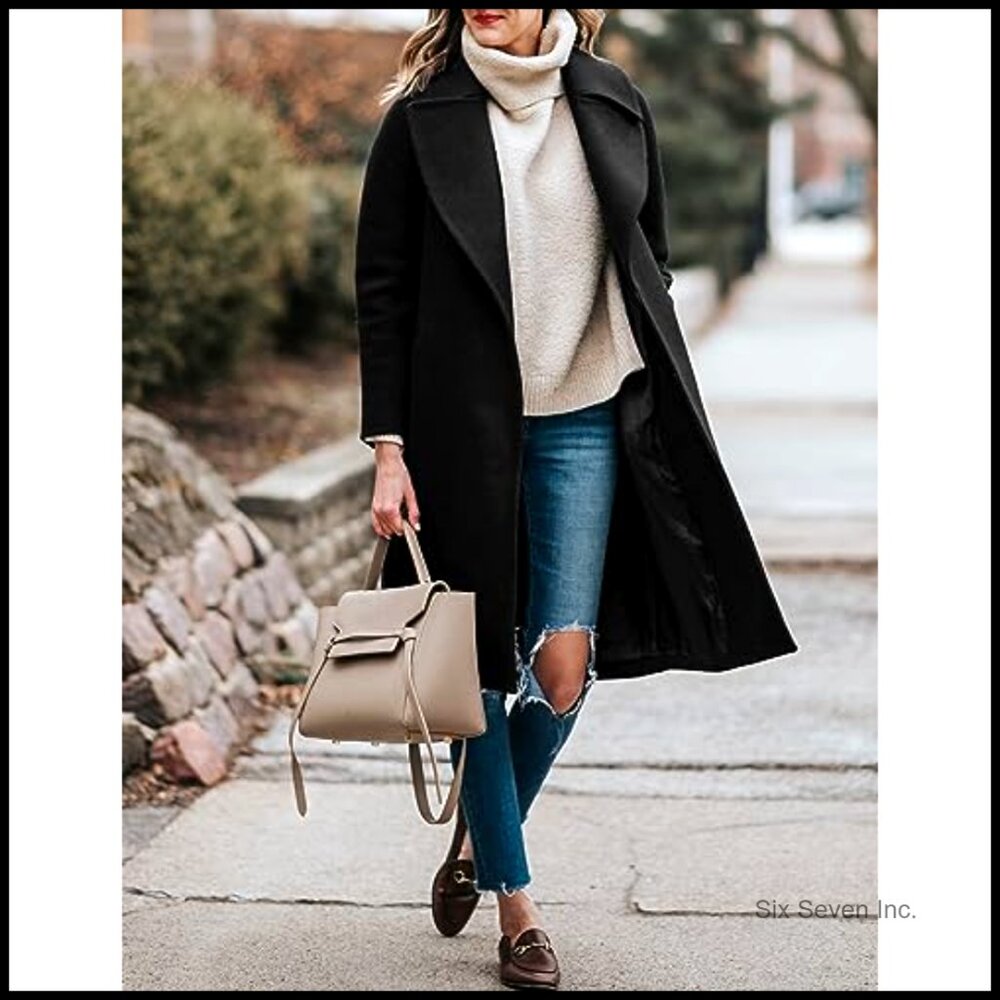 Long Wool Blend Pea Coat with Belt Notched Lapel Collar Winter Overcoat - Picture 2 of 7